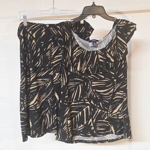 Chaps Women XL Desert Explorer Black Tan Palm Leaf Ruffle Top & Skirt 2 piece